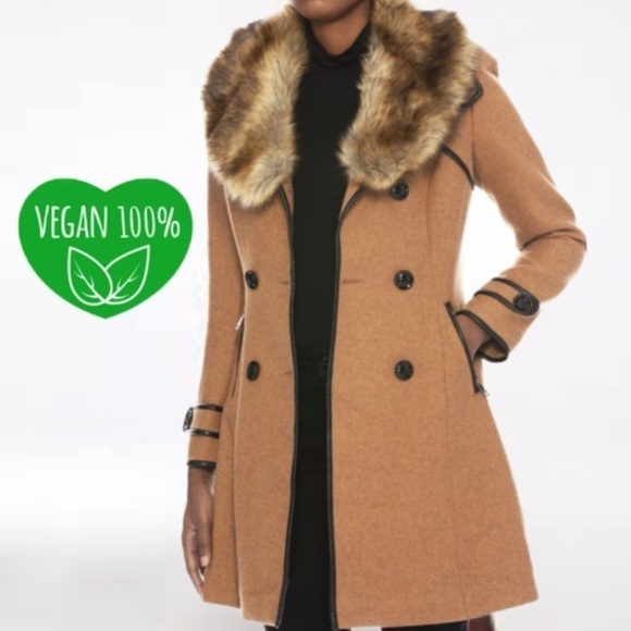 SOLD OUT ! Tan button down vegan wool coat with faux collar - Picture 3 of 6